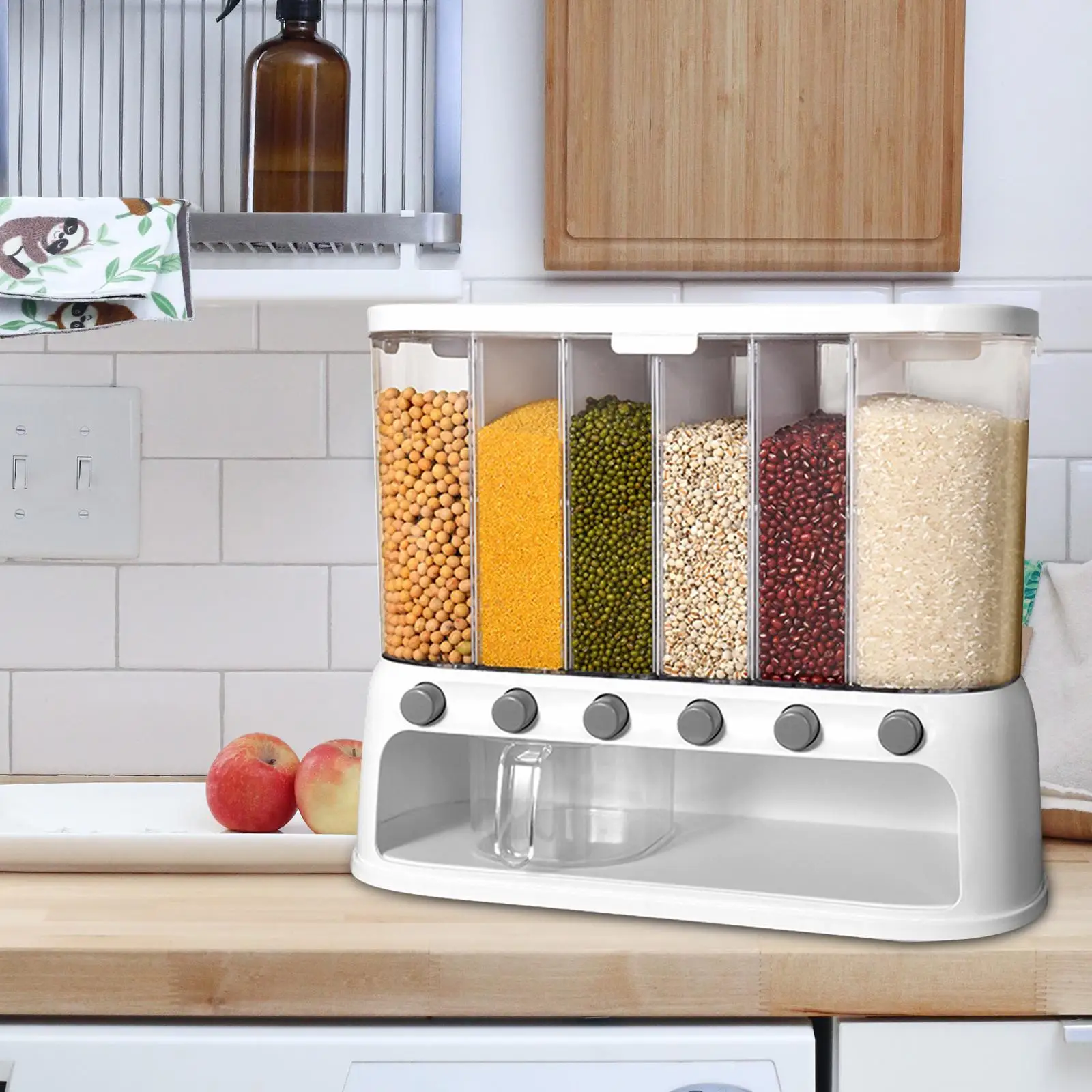 Dry Food Dispenser Moisture Resistant with Measuring Cup Clear Whole Grains Rice Bucket for Millet Grains Household Beans