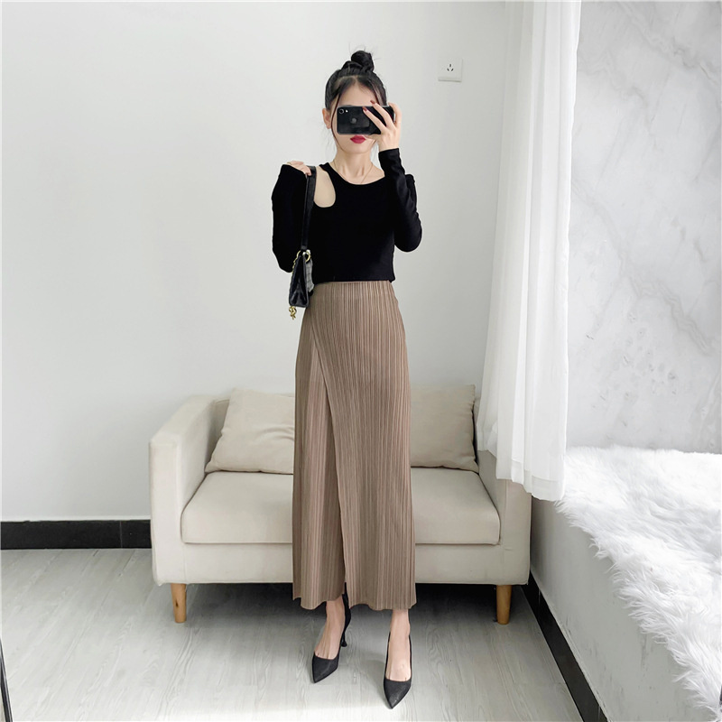 ALSEY Miyake Pleated Wide Leg Ankle-length Pants for Women Autumn New Simple Elastic Waist Solid Color Straight Female Trsouser