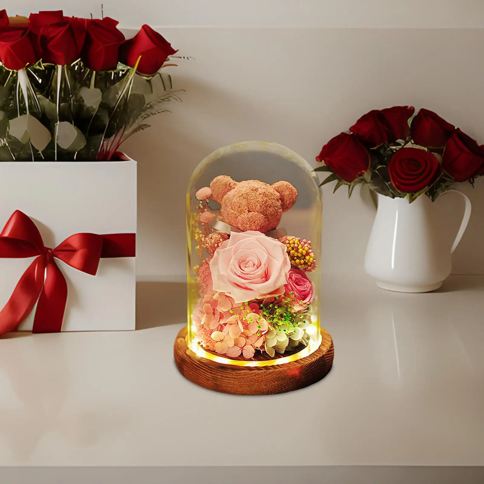 Rose Flower in Dome Glass Valentines Decor Valentines Day Gifts for Girlfriend Crafts Bedside Light Rose Flower Gift for Women