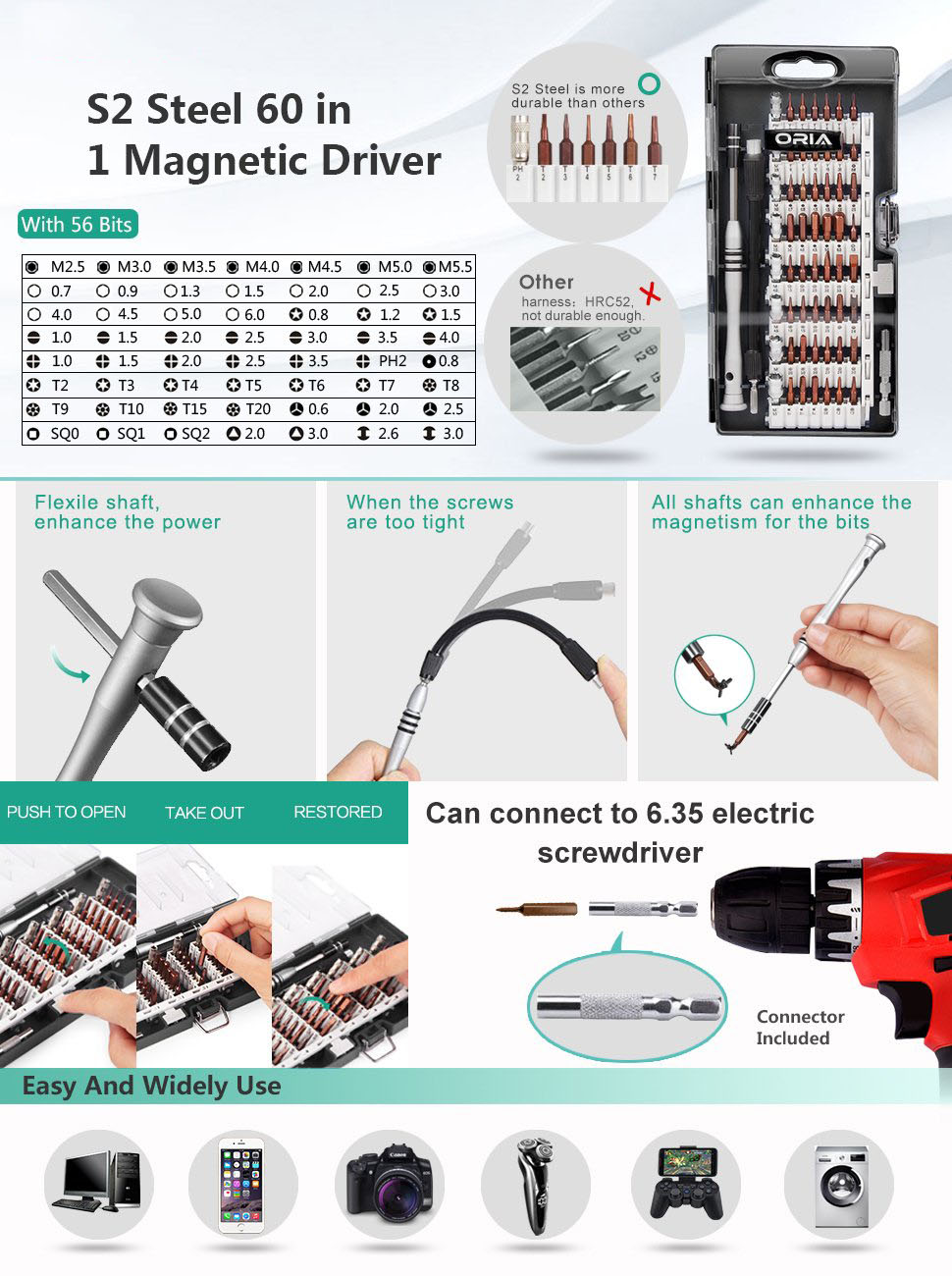 Magnetisches Treiber-Set, professionelles Elektronik-Reparatur-Werkzeug-Set, S2-Stahl, 60-in-1-Präzisions-Schraubendreher-Set für iPhone und Tablet – Detail 10