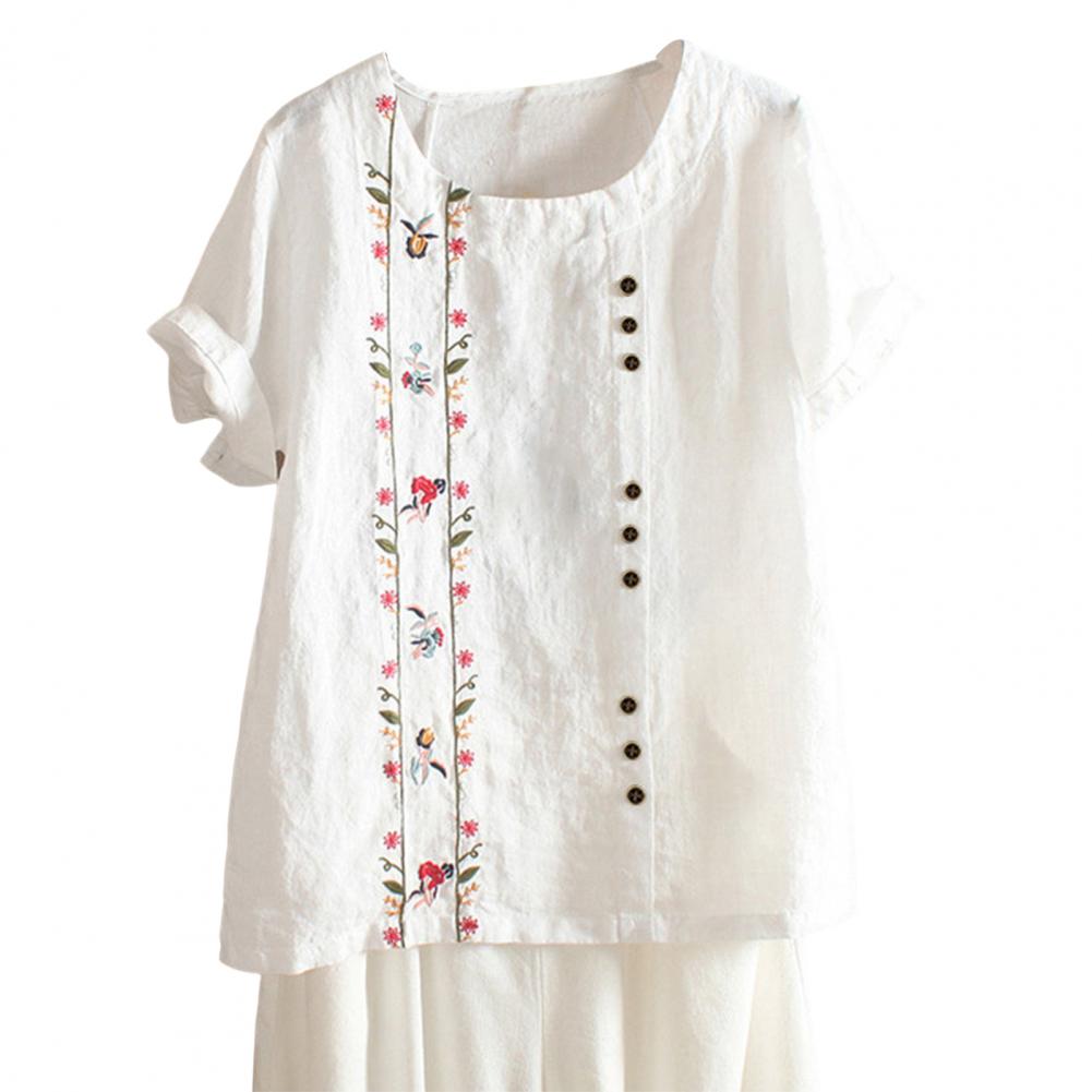 chemise en coton et lin brodée de fleurs pour mode col manches pull haut street été