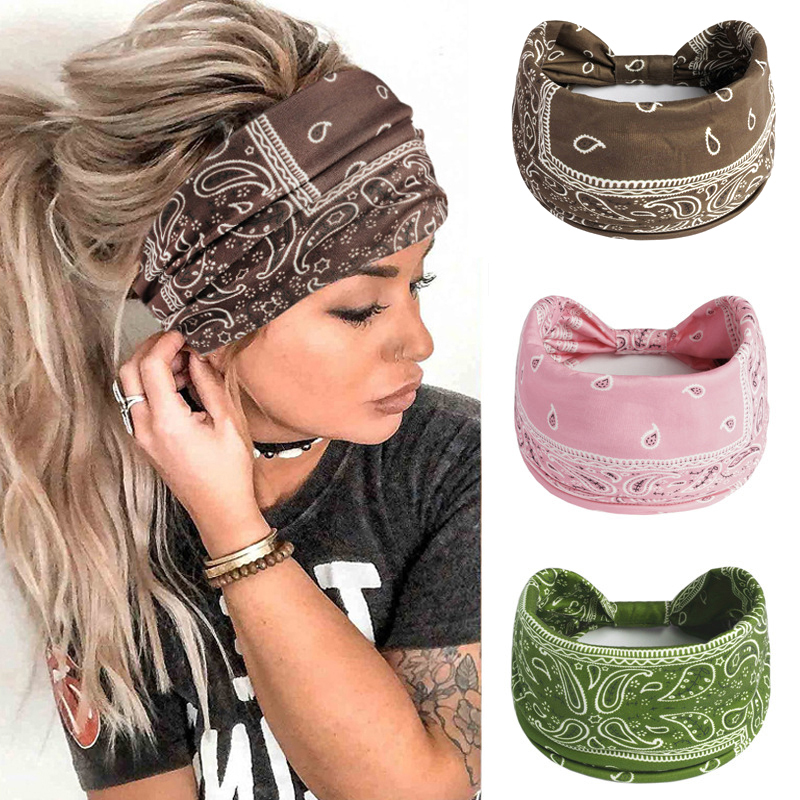 Boho Knoten Turbane Yoga elastische Kopf wickel Frauen Stirnband breite Haar bänder Kopf bedeckung gedruckt Bandanas Mode Haarband Zubehör – Detail 1