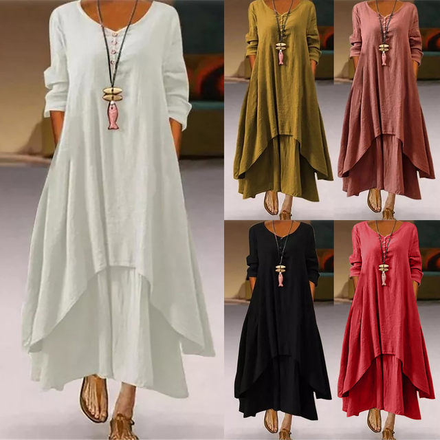 Plus Size 2023 Summer Dress Women Cotton Linen Pocket Dress For Women  Streetwear Button O-neck Loose Solid Asymmetric Dresses - AliExpress