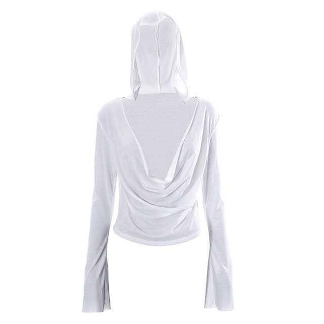 Casual Deep V Cowl Neck Hooded Tshirt for Womens Sexy Long Sleeve White  Sheer Crop Top Women's Shirt Summer Tops 2023 Fashion - AliExpress