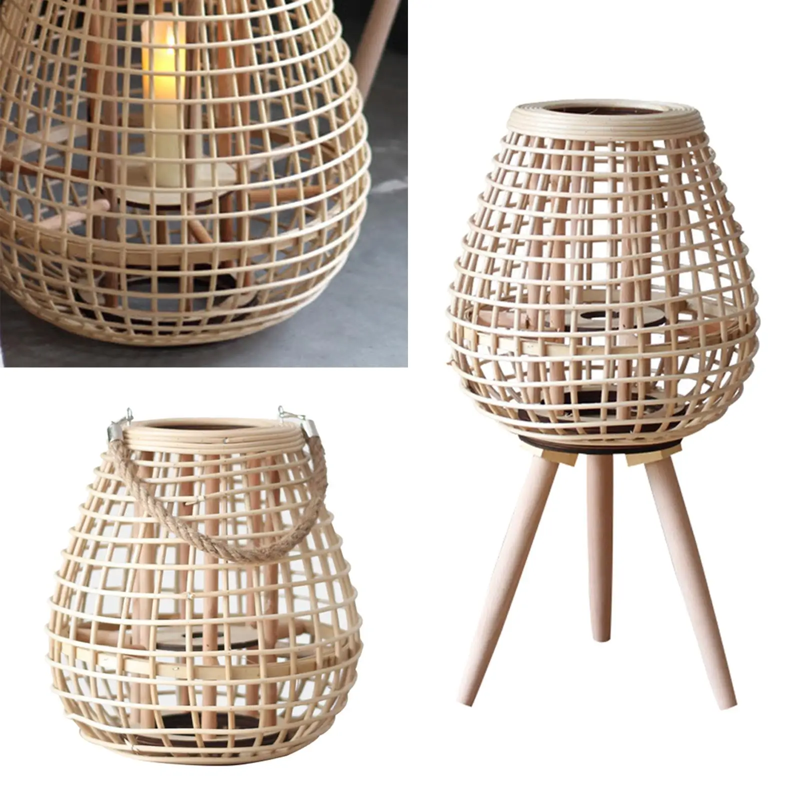 Vintage Style Bamboo Candle Holder Lantern Hanging Ornament for Indoor Table