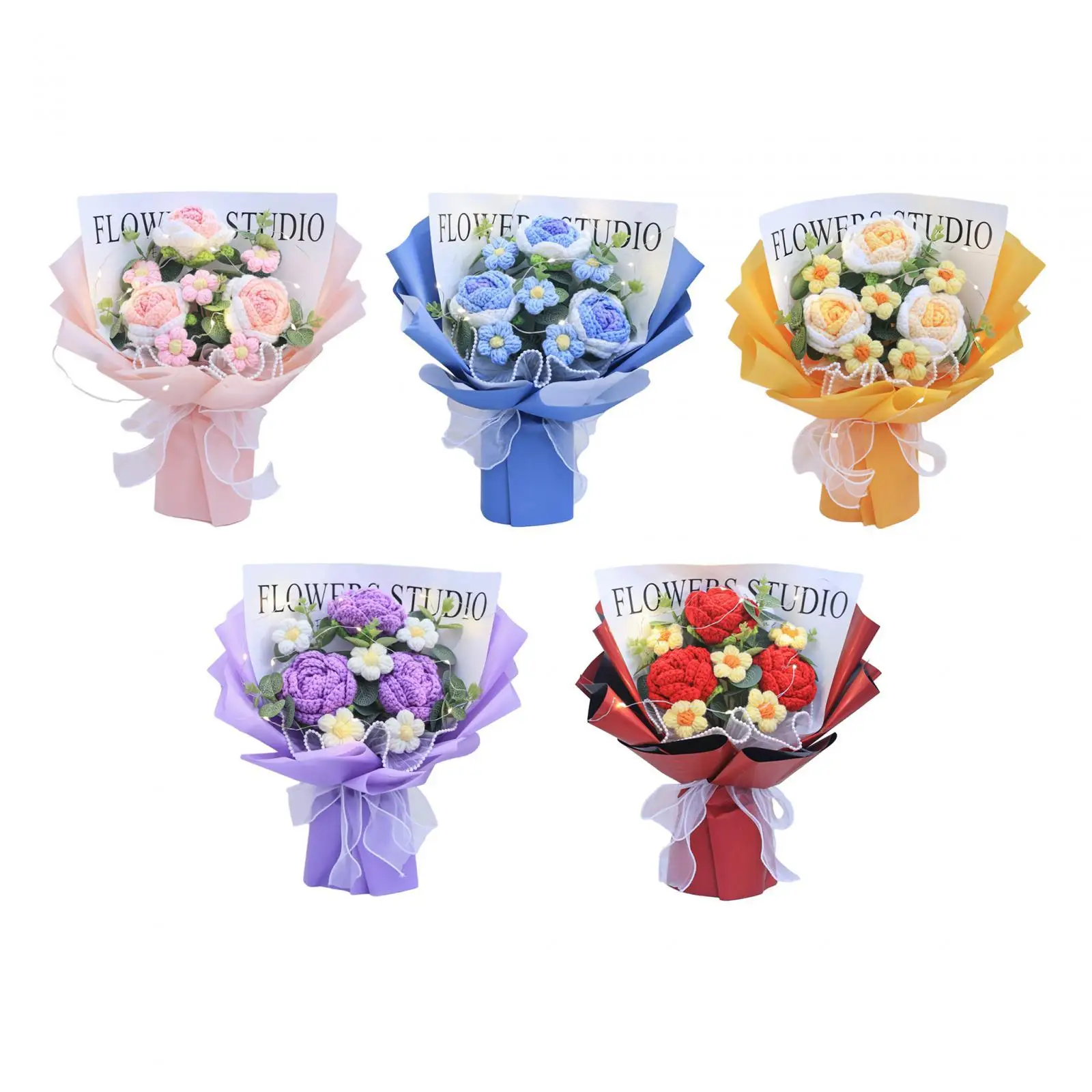 Completed Crochet Flowers Bouquet with Light Knitted Fake Flower Bouquet for Festivals Birthday Party Valentine`s Day