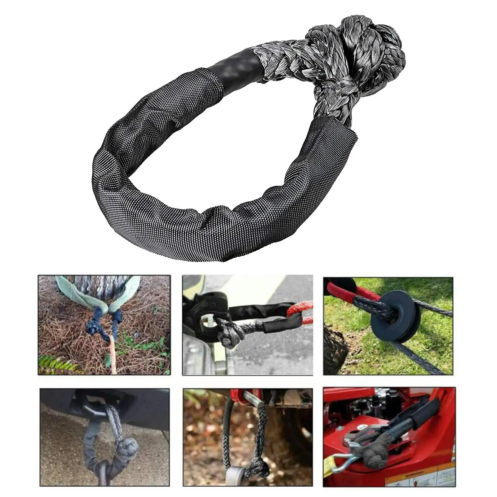 2x Synthetic Soft Rope Shackle, Flexible And Durable Breaking Strength  Connect Black Rope Lift Towing with Protective Sleeve