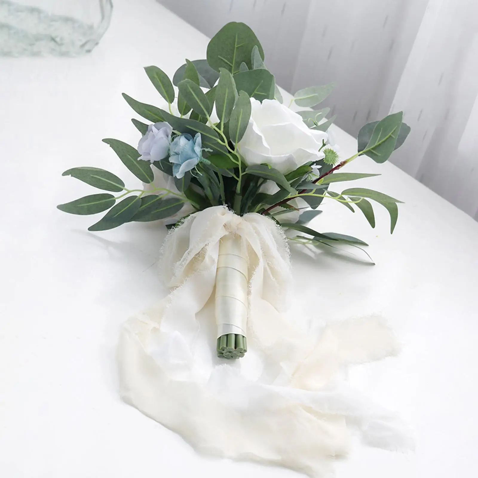 White Silk Rose Cascading Bouquets ,Photography Props Vivid Looking Exquisite Handmade