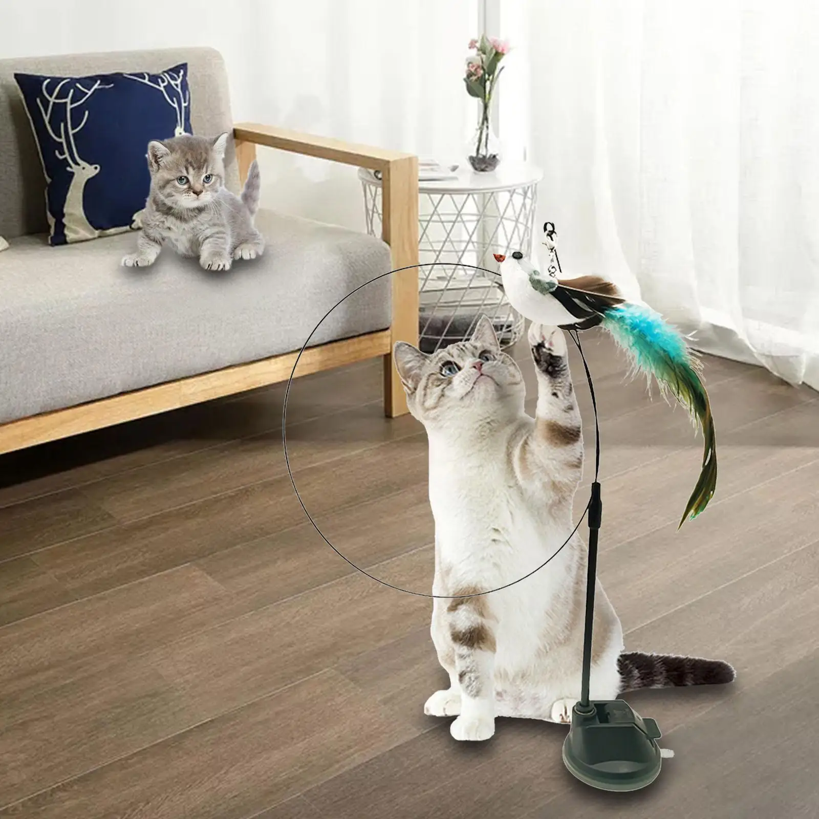 Simulation Bird Shape Feather Cat Stick Sucker Toy with Suction Cup, Cat Supplies Kitten Play Funny Good Tenacity with Bell