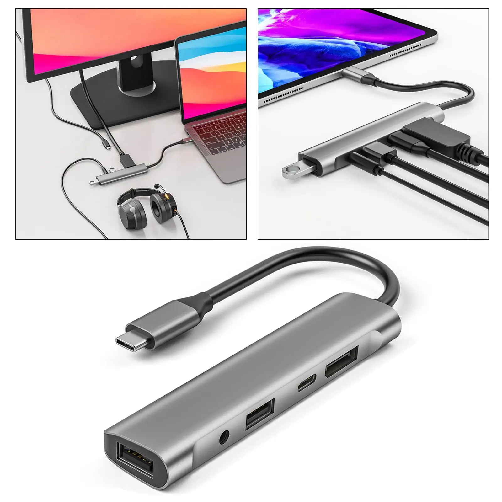 Portable 5 in 1 USB C Hub 60W PD Charger 3.5mm Jack 8K/6K/5K/4K Output Slim USB C to Display Adapter for Monitor Projector Mic