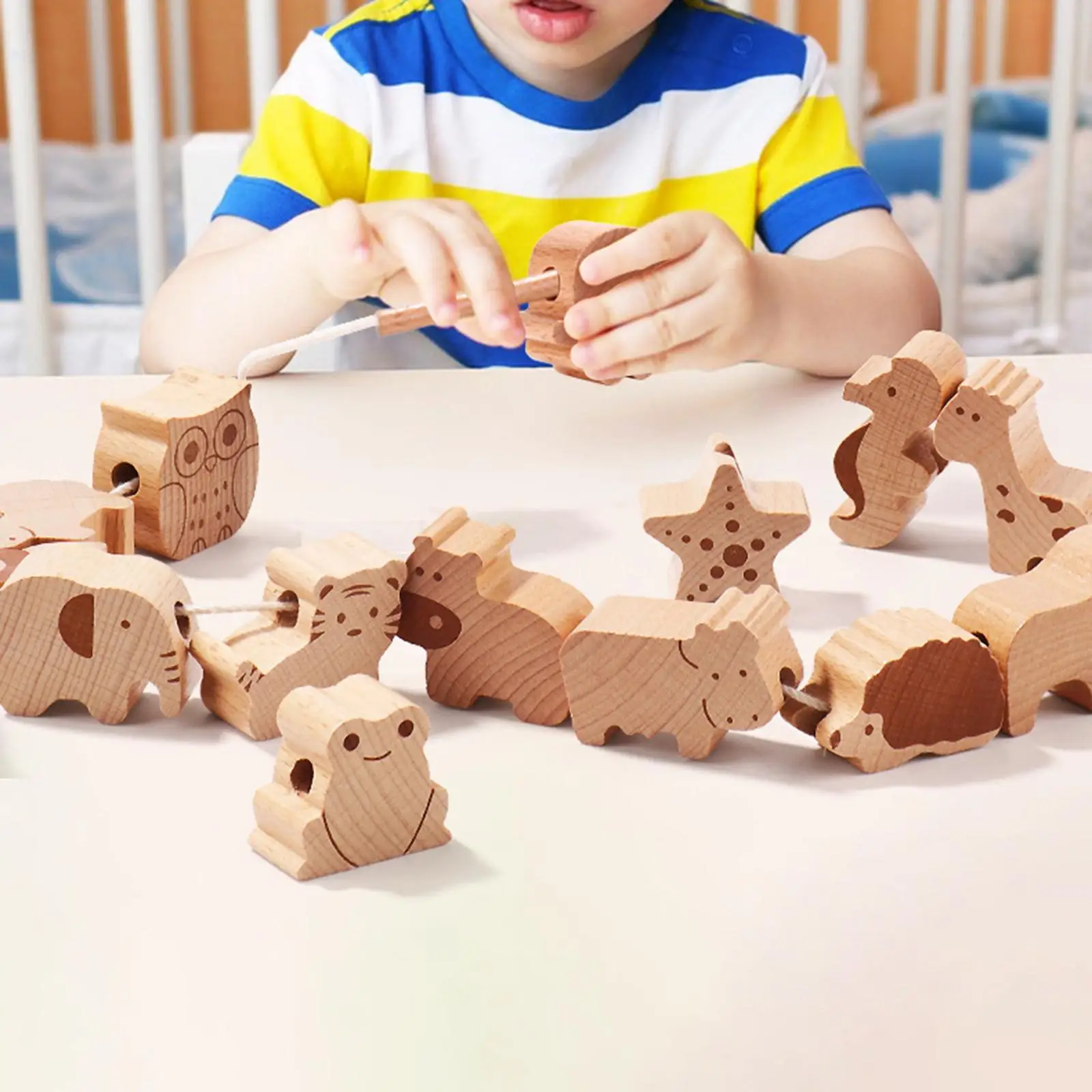 16Pcs Wooden Animal Blocks Lacing Toy Learning Activities Monterssori for Birthday Gift Toddlers Boy Girl Children Preschool