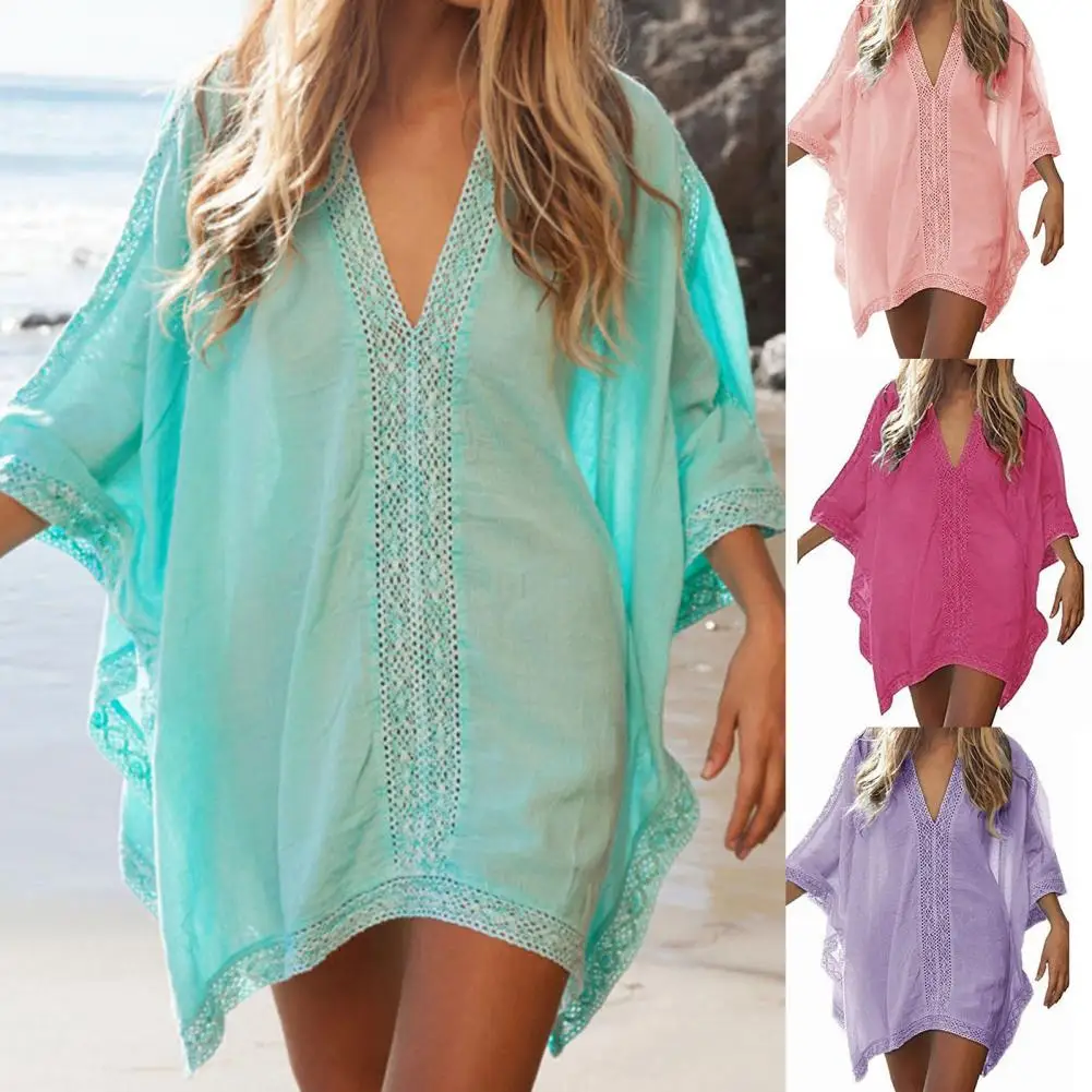 2022 New Women Swimwear Bikinis Set V-neck Half Sleeve Pullover Cover Up Dress Solid Color Lace Stitching Swimwear Cover Up bikini cover up set