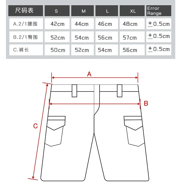 Un diagrama de un par de pantalones con varias medidas etiquetadas. Es probable que las medidas sean para diferentes tamaños, como S, M, L y XL, como lo indican las columnas en el lado izquierdo de la imagen.