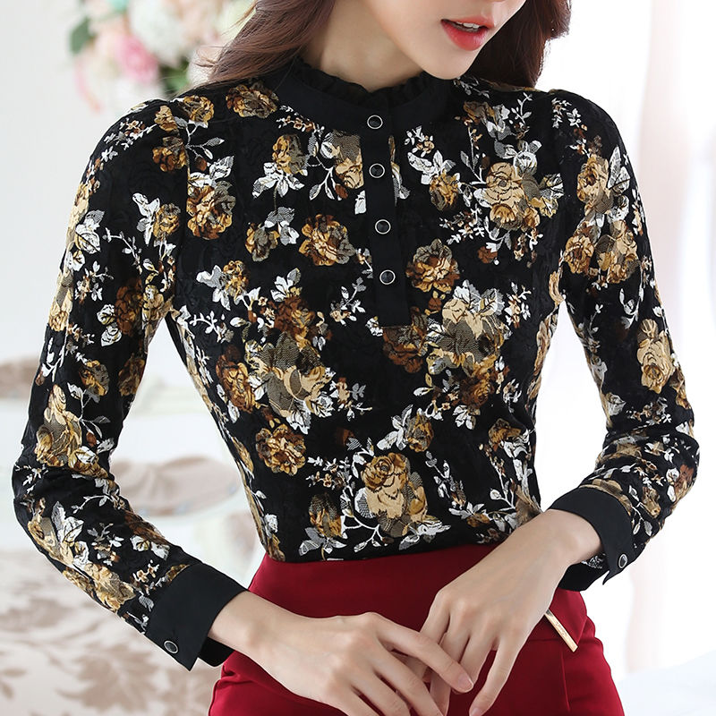 outono floral impresso chique botão elegante laço emendado camisa coreana