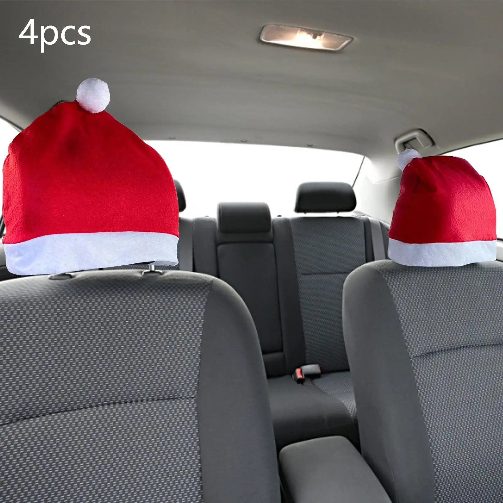 4Pcs Cute Santa Hat Car Headrest Covers Christmas Hat for Most Car Headrests