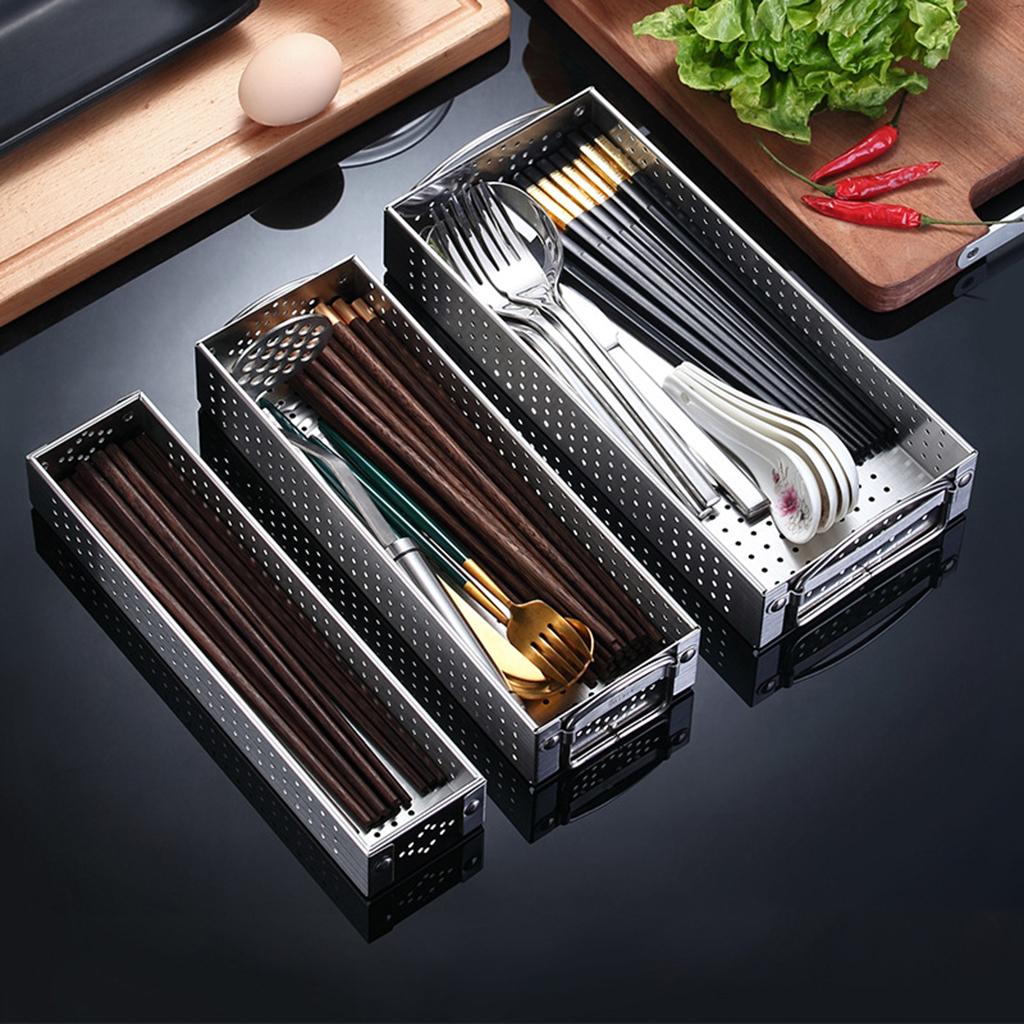 Stainless Steel Silverware Drawer Storage Box Household Tableware and Drainer Kitchen Cutlery Drain Organizer Flatware Tray