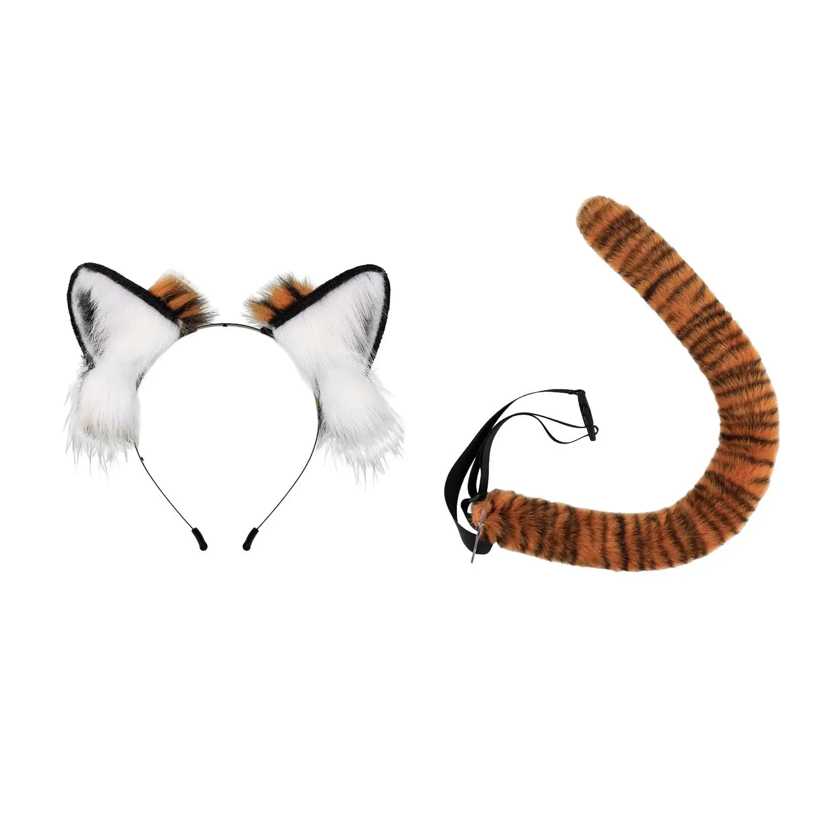 Tiger Ears and Tail Set, Ears Headband Headdress Costume Set for Birthdays Festivals
