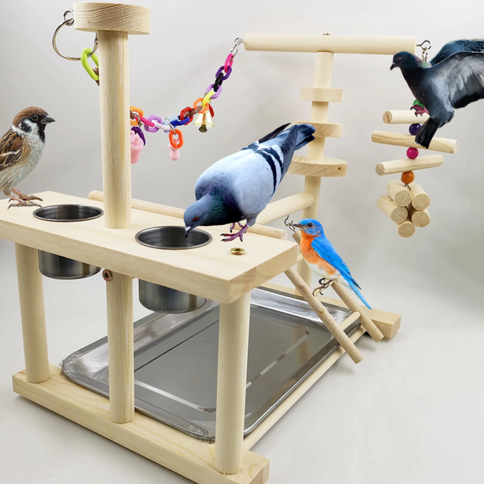 Parrot Playstand Bird Play Stand Cockatiel Playground Wood Perch Gym Playpen Ladder with Feeder Cups Toys 