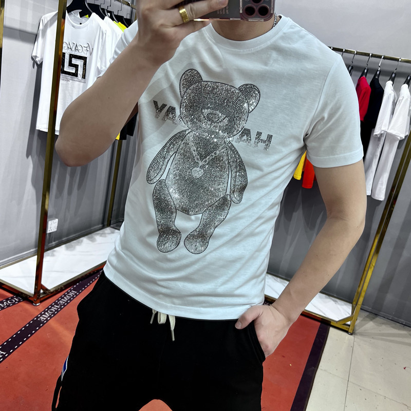 2022 Bear Rhinestones T Shirts Men Summer Streetwear Fashion