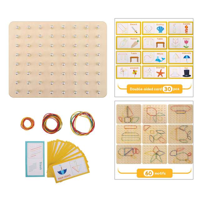 Wooden Geoboard Educational Toys Block Toy with 30 Pattern Cards Wood Toy Lacing Board for Children Kids Toddlers 3 4 5 Year Old