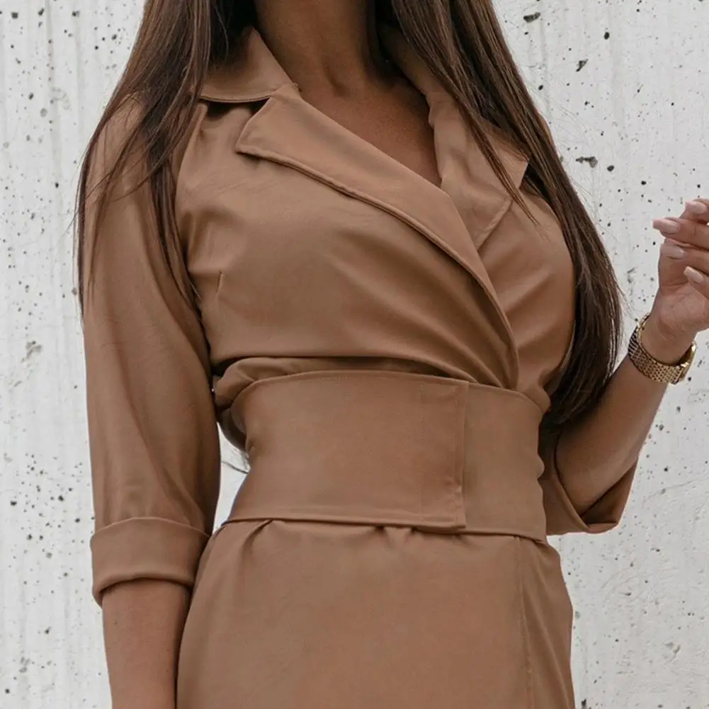 Drei Viertel Hülse Taille Engen Blazer Kleid Weiche Textur Revers Verstellbaren Gürtel Arbeit Elegante Mini Kleid Weibliche Kleidung