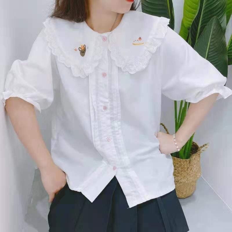 qweek kawaii blusa feminina japonês doce bonito camisa branca solta harajuku sopro manga longa botão superior up estilo coreano roupas