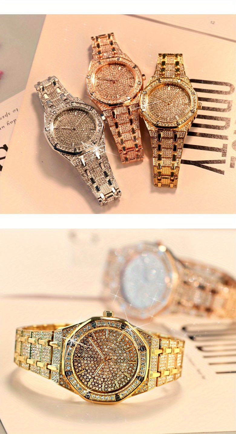 Orologio da uomo con quadrante grande al quarzo con bracciale in acciaio, diamante artificiale, calendario automatico, business, semplice e alla moda,_voghion.com