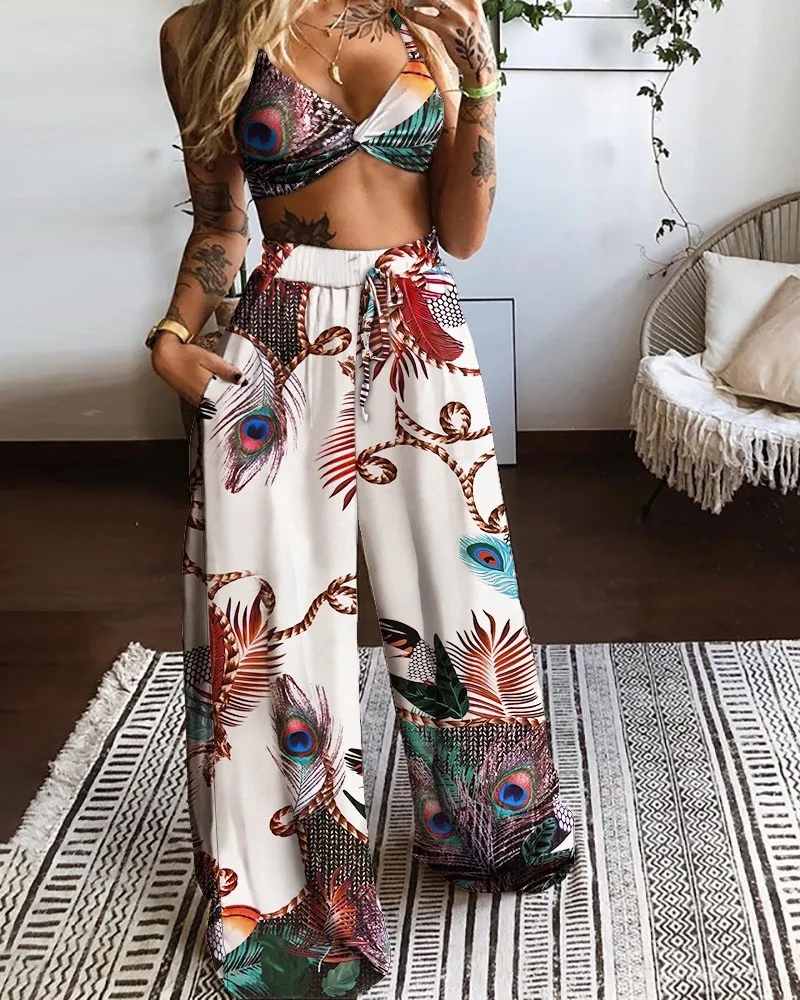 2 Piece Bohemian Outfits for Women Butterfly Print Crop Tops Loose Wide Leg Drawstring Pants Set Beach Two Piece Outfits 
