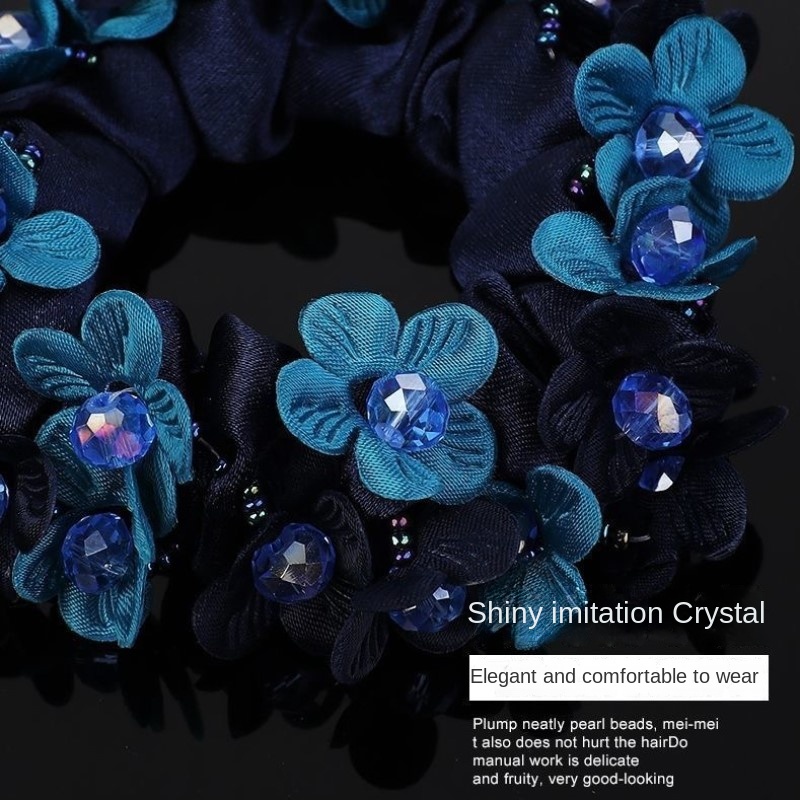 Eleganter großer Blumen-Haargummi, Perlenkristall-Haarring, Gummiband, Dutt, Stoff, elastisches Haargummi, koreanische Accessoires, Omar Nadel – Detail 3