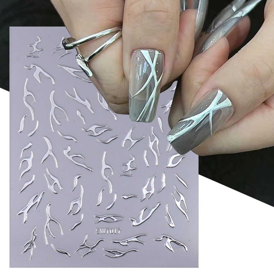 Description Picture 4 of itemMetallic Silver Line Nail Manicure Stickers Metal Chrome Stripe Vine Flame Adhesive Decals Tape Swirl French Sliders Decor Foils