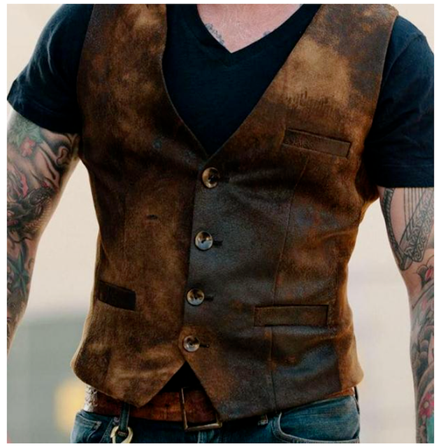 Gilet En Cuir Pour Homme - Style Cowboy Vintage, Sans Manches, Col En V, Boutonné, Poche Solide