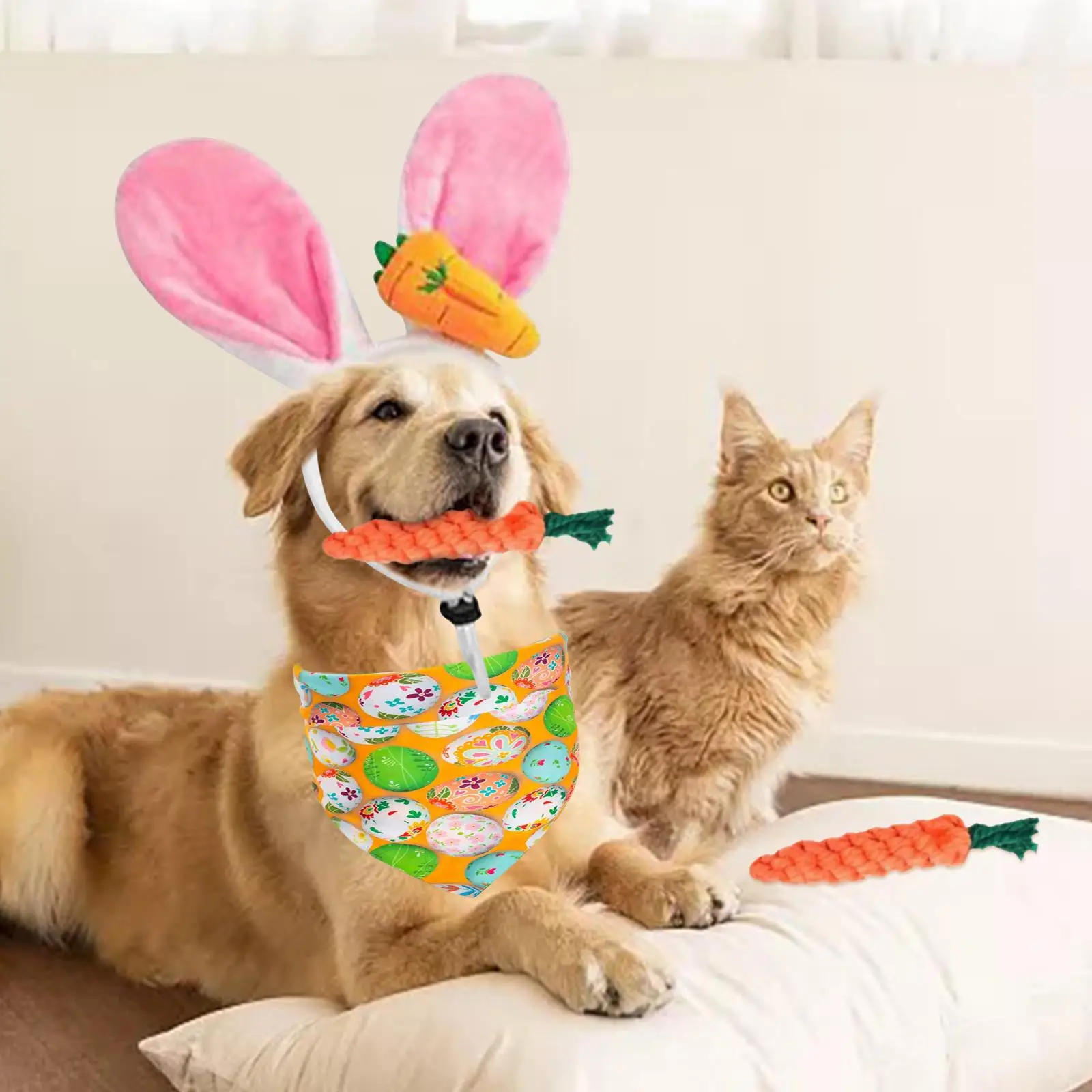 4x Dog Easter Costumes Triangle Bibs Rabbit Ear Headwear Carrot Shape Rope Teeth Cleaning Chew Toys Party Costume Accessories