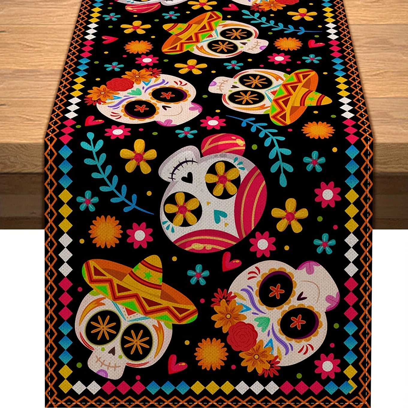 Description Picture 2 of itemMexico Day of The Dead Linen Table Runners Table Decor Candy Skull Dia De Los Murtos Dining Table Runners Holiday Decorations