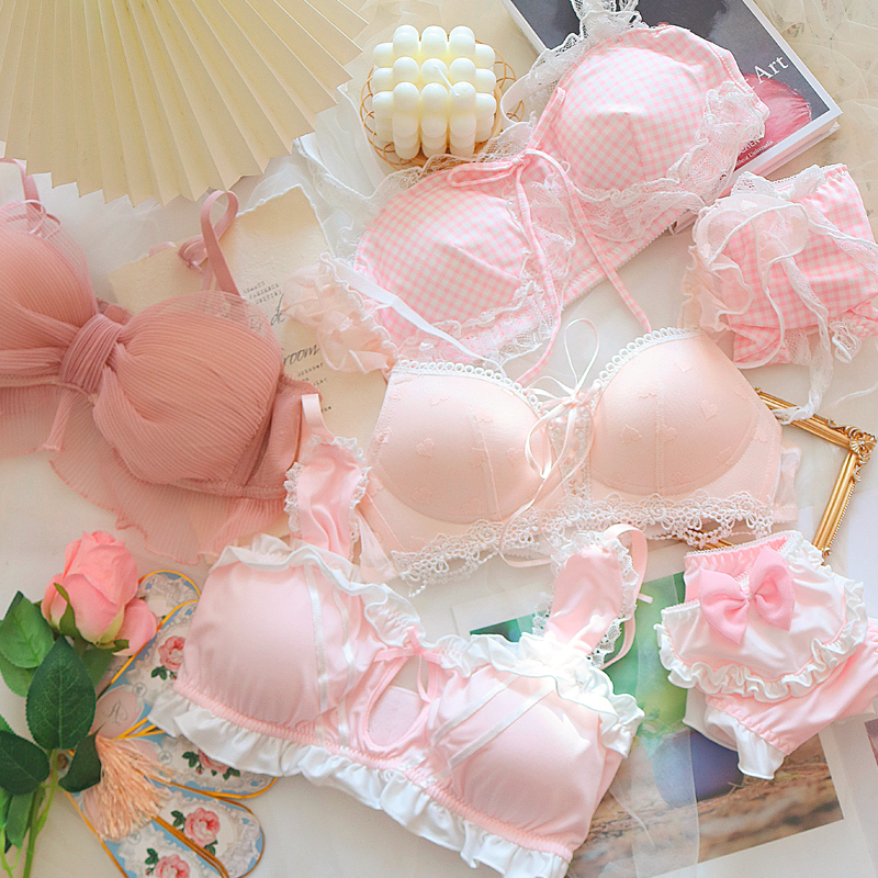 Rosa Unterwäsche BH und Höschen Set sexy Dessous süße kleine Brust Lolita Push-up Spitze Dreieck Tasse dünne Tasse Mädchen Höschen Bra lette – Detail 3