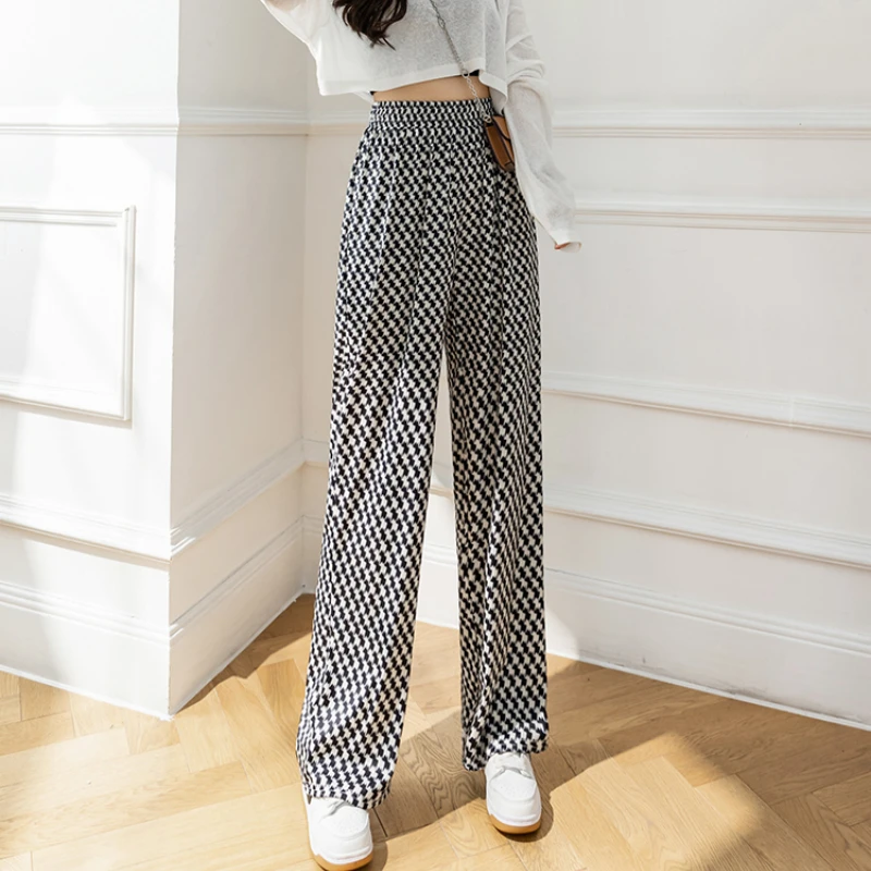 High Waist Women Wide Leg Pant 2022 Spring Summer Woman Houndstooth Long Trousers Loose Straght Woman Casual Summer Long Pant champion sweatpants