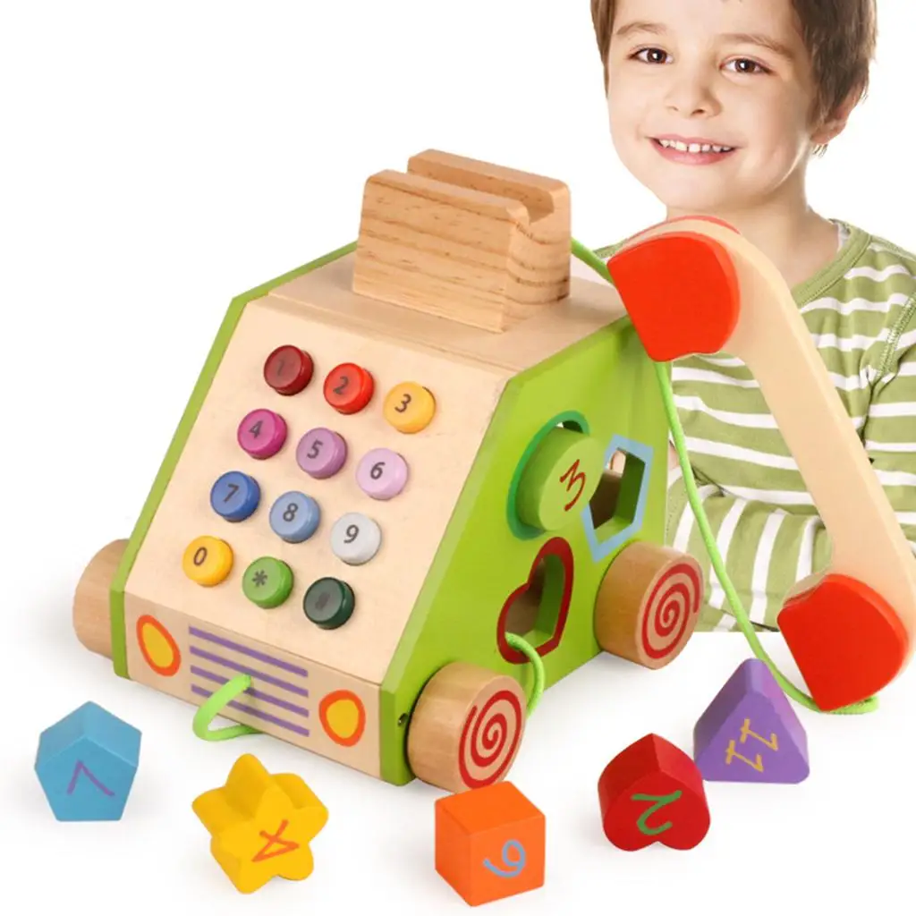  Wooden Pull Along Telephone Early Developmental Toy  Toddler