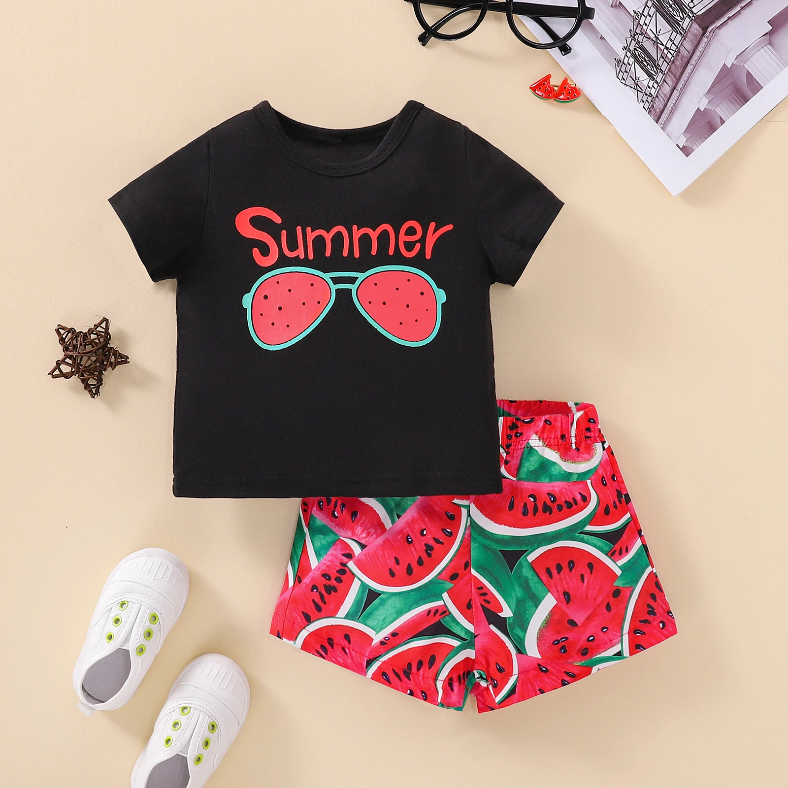 baby knitted clothing set Casual Little Girl Shorts Set, Round Neck Short Sleeve Lettering T-Shirt Elastic Waist Watermelon Short Pants, Kids Clothing baby clothes penguin set