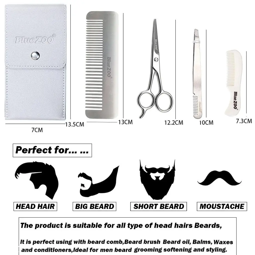 5Pc Beard Comb Mens Mustache Hair Care Grooming  Scissors Storage Bag