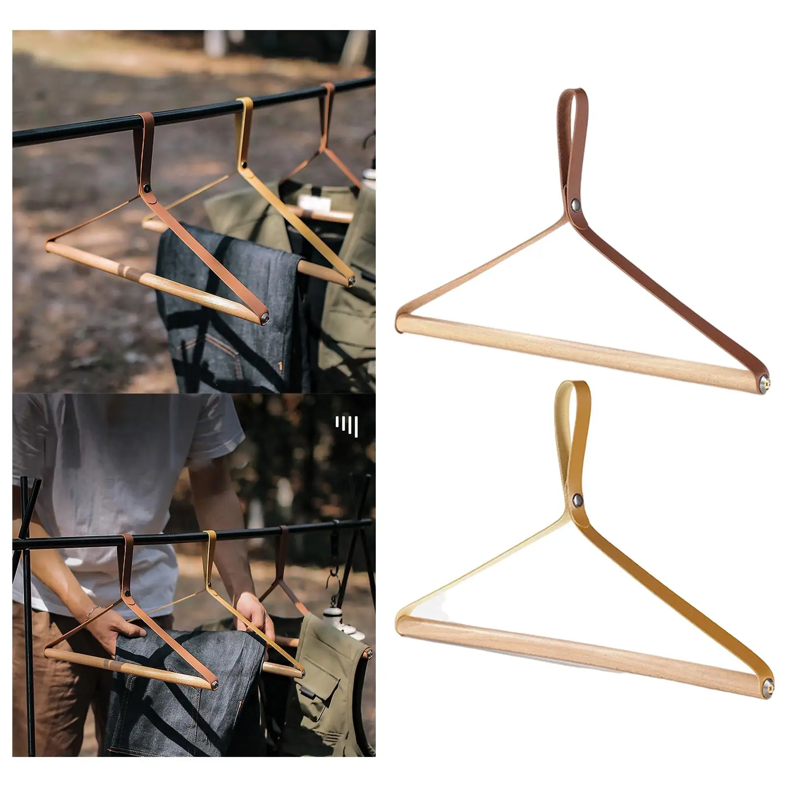 Wooden Folding Hanger Clothing Drying Rack Coat Hanger Lightweight Foldable PU Leather Hanger for Camping Indoor Outdoor Travel