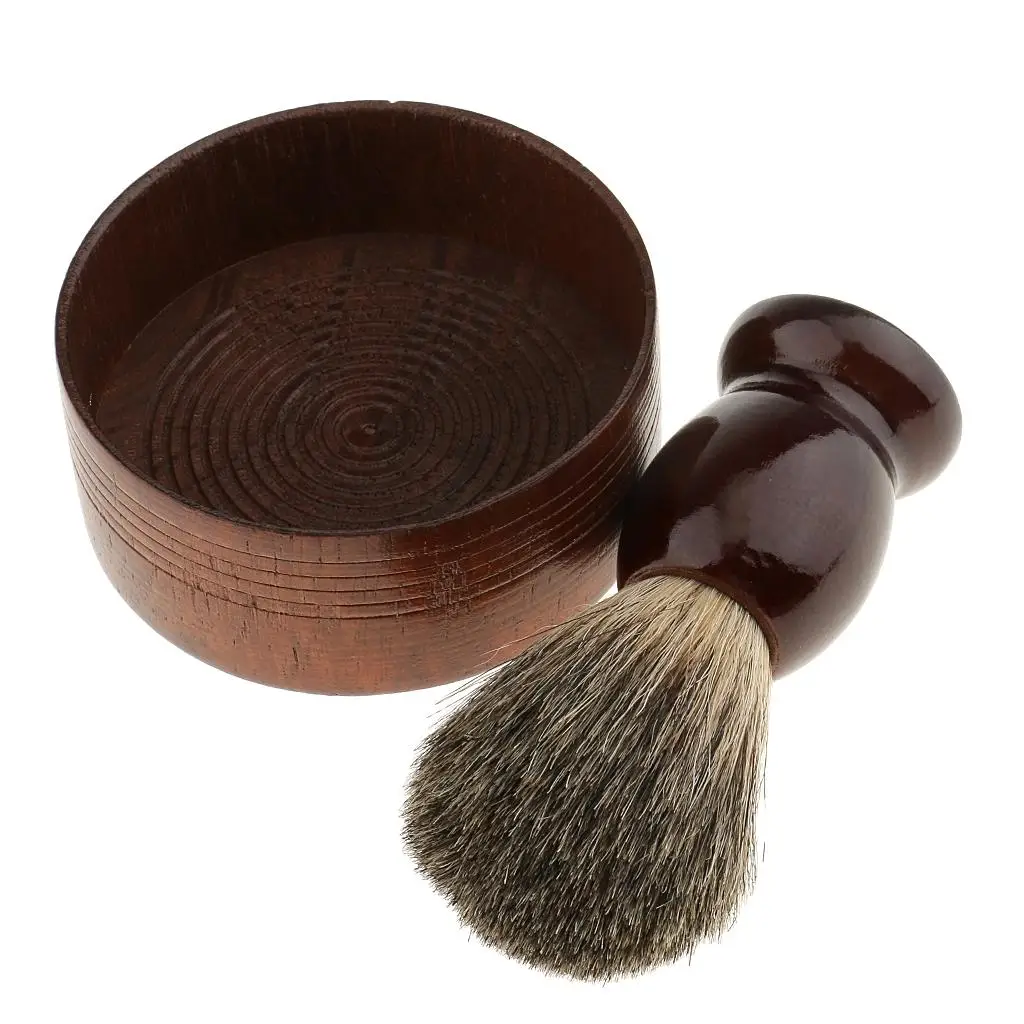 Vintage Men Shaving Set w/Wooden Handle Brush & Soap Bowl for Face Hair Cleaning