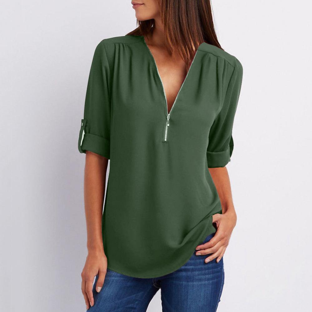 Title 6, Casual Office Lady Blouses Sexy Solid Color Zip...