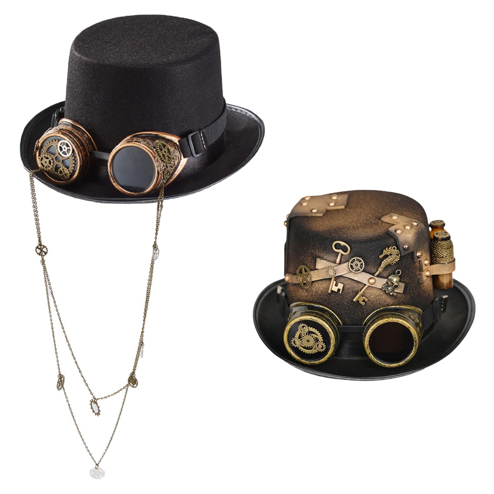 2 Count Gothic Steampunk Top Hat with Goggles, Premium Material Accessories Strap Adjustable DIY Yourself Renaissance Costume