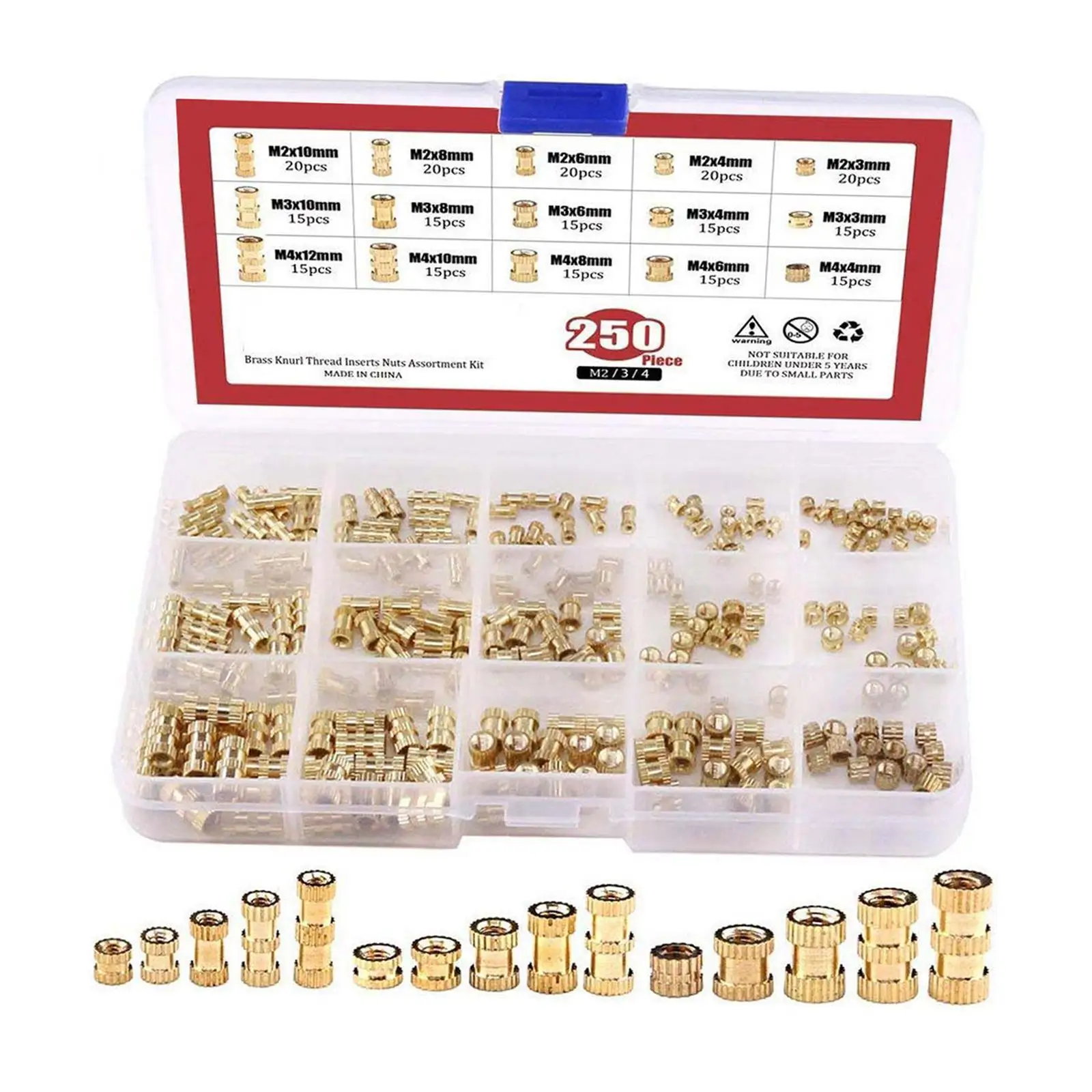 250 x Brass Knurled Threaded Insert Embedment Nuts Assortment for 3D Printing