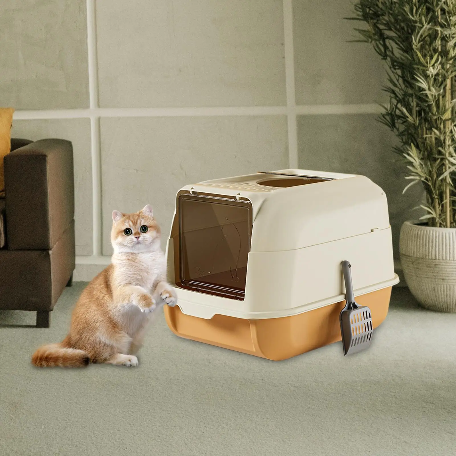 Cat Litter Box with Lid Enclosed Large Space Double Door Cat Litter Tray Cat Toilet Litter Pan for Growing Cats with Scooper
