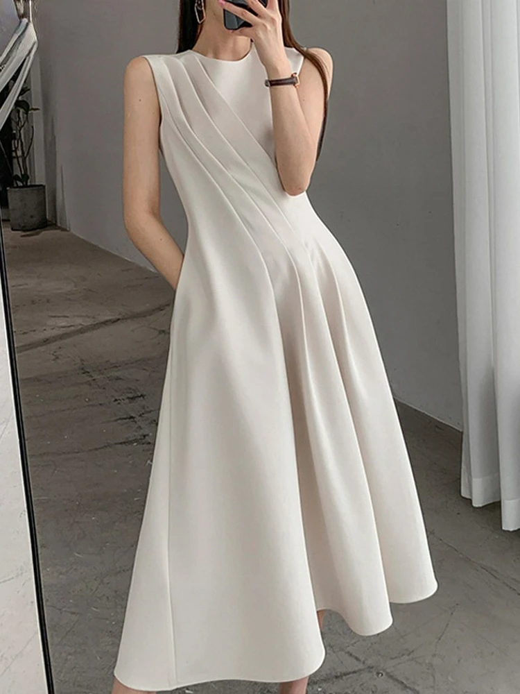 Elegant Midi Dress 2022 Women Fashion O-neck A-line Dress Spring Summer Beige Slim Waist Solid Dress Sleeveless shirt dress