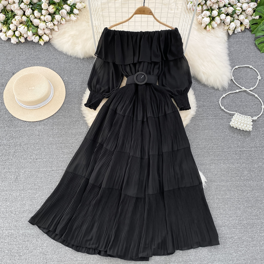 Women Vintage Off Shoulder Dress Chiffon Summer Sweet Lotus Leaf Edge Elegant Pleated Dresses Ladies Evening Party Long Dress