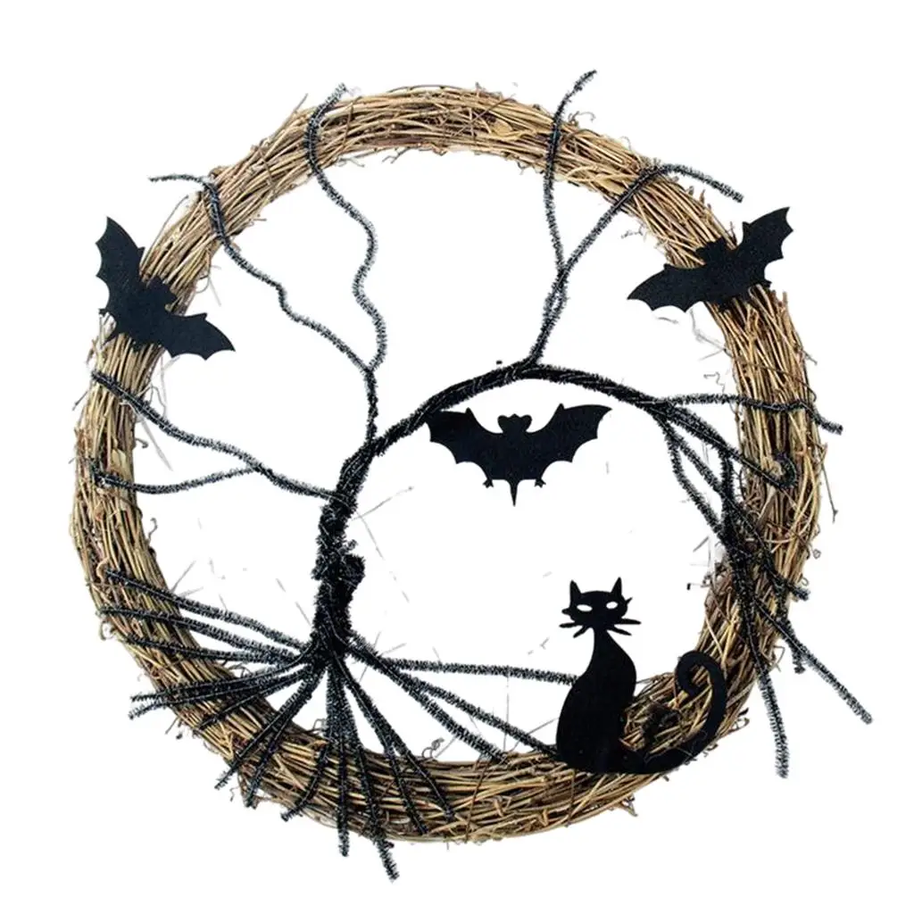 Halloween Wreath Black Bat Cat Light up Glowing Garland for Wall Outdoor Holiday