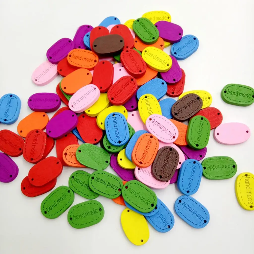 200 Pieces Color Handmade Label Shaped Wooden Buttons Tags 2 Holes Oval Shape Garment Accessories for Sewing Craft Clothes Tools