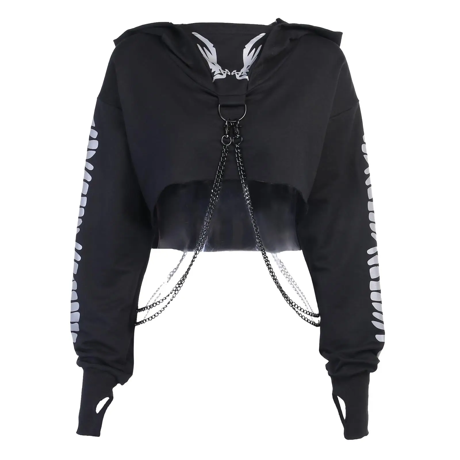 Women Gothic Chain  Hooded Crop  Hoodie weater with Reflective Printed-,, L