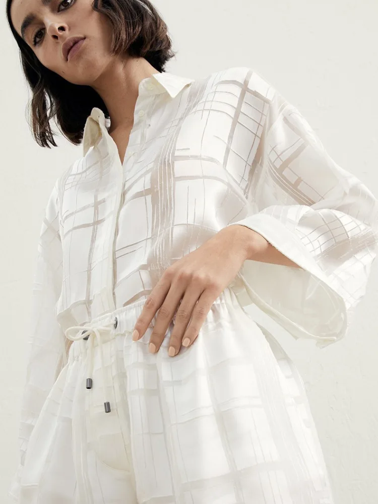 Semi-Sheer Silk Shirt 2-Piece Set    Women’s BC@ Slightly Transparent French Look Spring Summer Checkered Heavyweight Top Womens Commuter workwear Shorts + Shirts 2 Piece Semi-Translucent Outfit sets for Woman in white